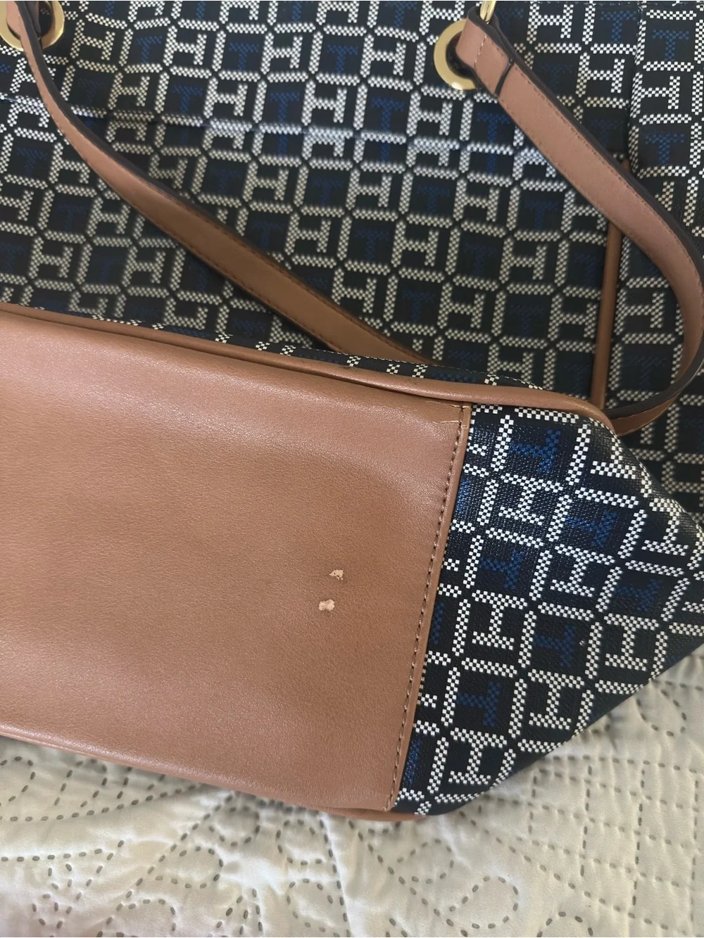 Tommy Hilfiger Navy Patterned Tote with Tan Trim